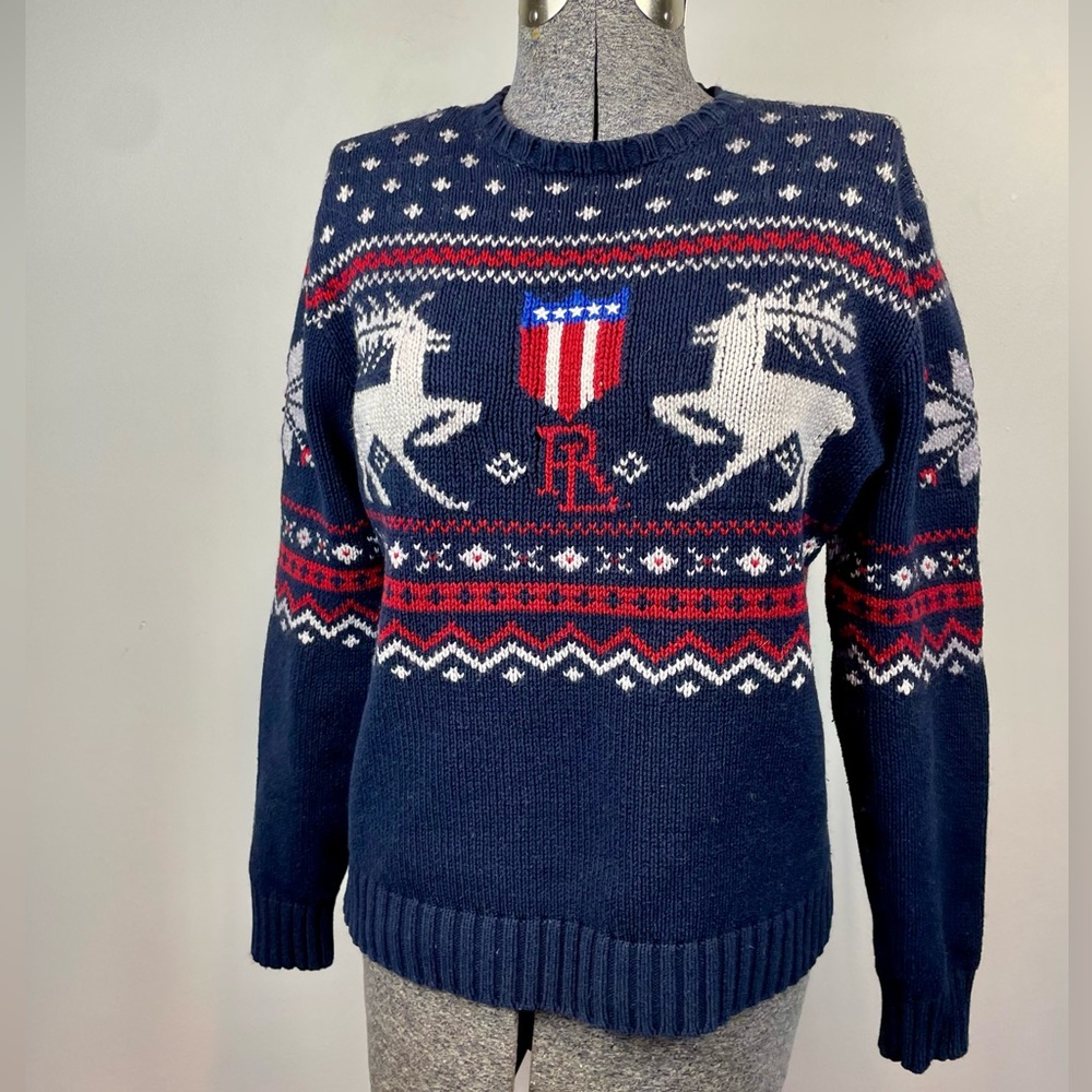 Polo by Ralph Lauren Navy Red White Fair Isle Reindeer Crewneck Sweater